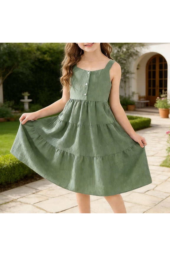 Child Girls Dress For Little Girls Solid Color Ribbon Bow A-Line Dress With Straps Elegant Dress For Parties And Occasions Fashionable Special Occasion Back To School Swing Flowy Kids Sundress