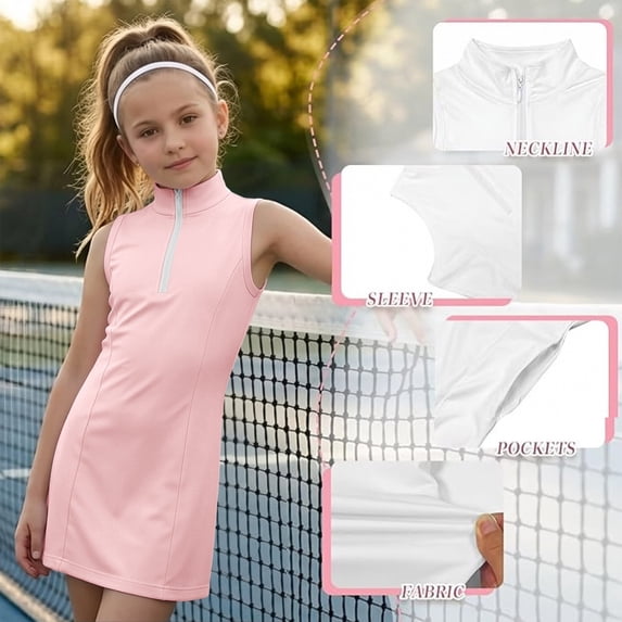 HAYIMI Child Girls Dress Sleeveless Performance With Zip Neckline High Collar For Sporty Solid Color Birthday Dresses