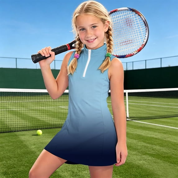 HAYIMI Child Girls Dress Sleeveless Performance With Zipper Collar For Sportswear Gradient O-Neck Cozy Dresses