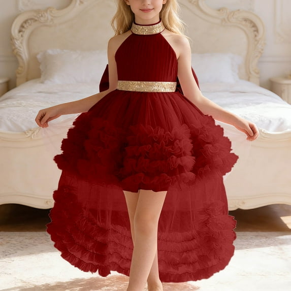 HAYIMI Child Girls Dress With Train Tiered Neck Gown For Pageant Recital Performance And Soft Special Occasion Back To School Swing Flowy Kids Sundress