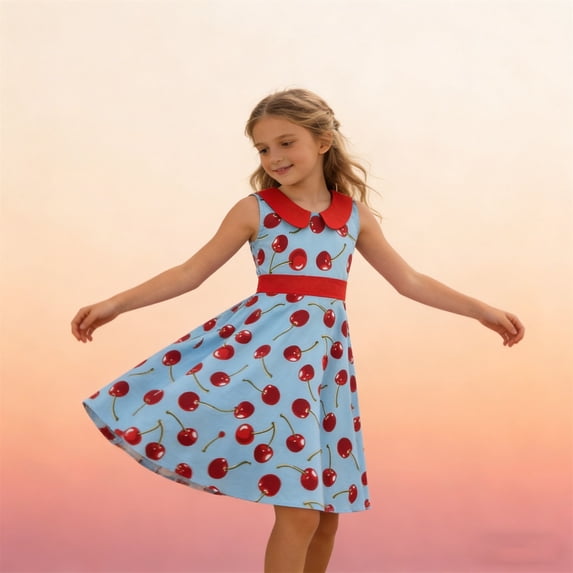 HAYIMI Child Girls Dress With Turndown Collar Sleeveless Slim Waist Design For Daily Wear Party Performance Fashionable Special Occasion Back To School Swing Flowy Kids Sundress