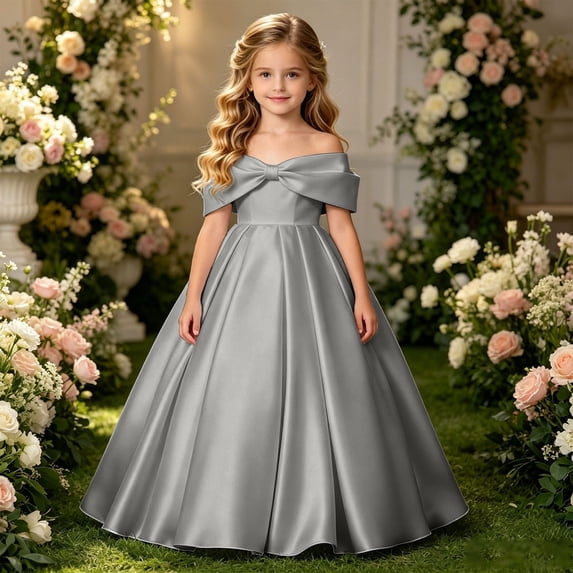 HAYIMI Child Girls Formal Off Shoulder Solid Color Big Bow Floor Length Gown Party Dress For Big Kids Cute Dresses