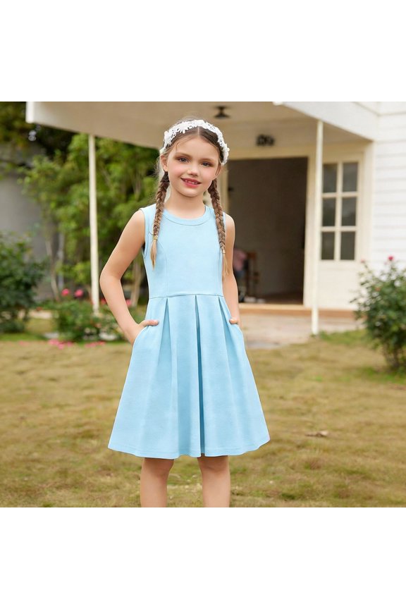 Child Girls O-Neck Casual Sleeveless Dress With Pockets Playful And Comfortable Summer Toddlers Kids Breathable Special Occasion Back To School Swing Flowy Sundress