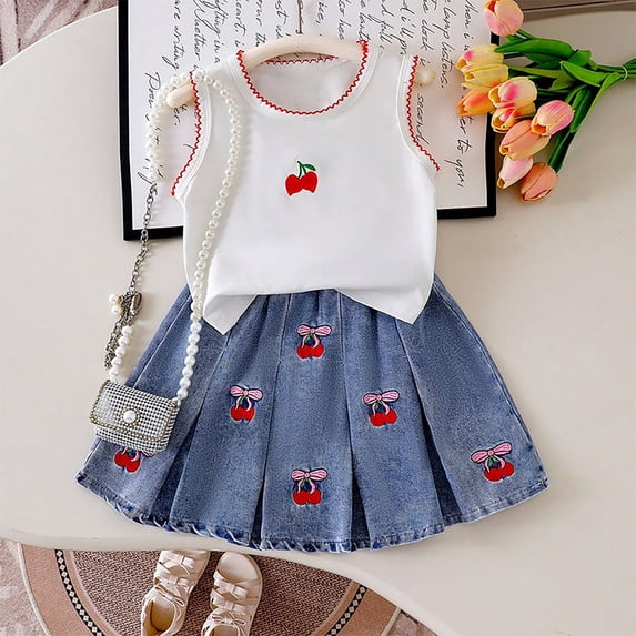 HAYIMI Child Girls Outfit Sets Cartoon Summer Outfits Red Cherry Print Sleeveless Tops Blue Denim Skirt Matching Round Neck Clothes Sets , White