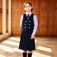 thumbnail image 1 of HAYIMI Child Girls Outfit Sets Solid Color School Dress Elegant Back Zipper Knee Length Outfit For Classroom Daily Wear Lapel Shirts With Bowtie Clothes Sets , Navy, 1 of 8