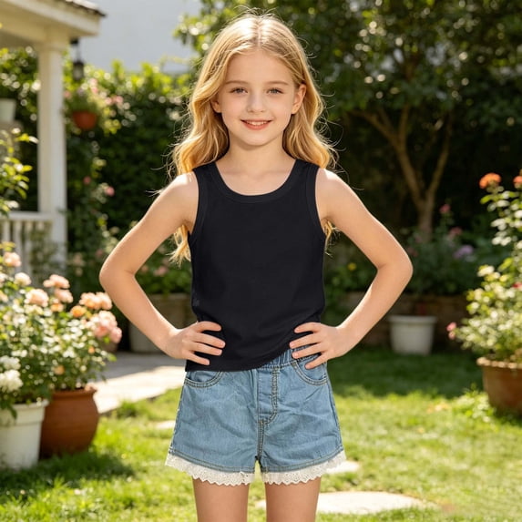 HAYIMI Child Girls Outfit Sets Summer Vest Tops And Denim Shorts Two Piece Outfit Casual Solid Color Fashionable Kids Round Neck Clothes Sets , Black