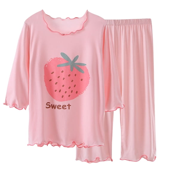 HAYIMI Child Girls Outfits Set Casual Summer Outfit Toddler Kids Round Neck Short Sleeve Tops With Elastic Waist Capri Pants Soft Comfortable Indoor Wear Adorable Cartoon Clothes Sets