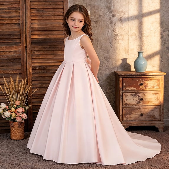 HAYIMI Child Girls Satin Wedding Dress Pageant Gown With Back Bow And Sash O-Neck Sleeveless Soft Dresses