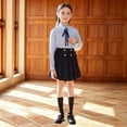 thumbnail image 1 of HAYIMI Child Girls School Uniform 2 Piece Outfit Set, Long Sleeve Collared Shirt with Bow Tie, Double Button Pleated Skirt Kids Academy Style Daily Clothes Clothing Sets , Navy, 1 of 8