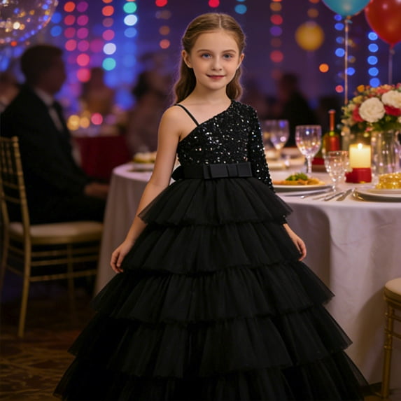 HAYIMI Child Girls Sequin Dress For Birthday Party O-Neck Piano Recital Evening Gown One Shoulder Elegant Tutu Classic Special Occasion Back To School Swing Flowy Kids Sundress