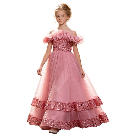 HAYIMI Child Girls Sparkly Layered Tutu Party Dress Glitter Formal Gown For Toddler Kids O-Neck Puff Sleeve Relaxed Fit Dresses