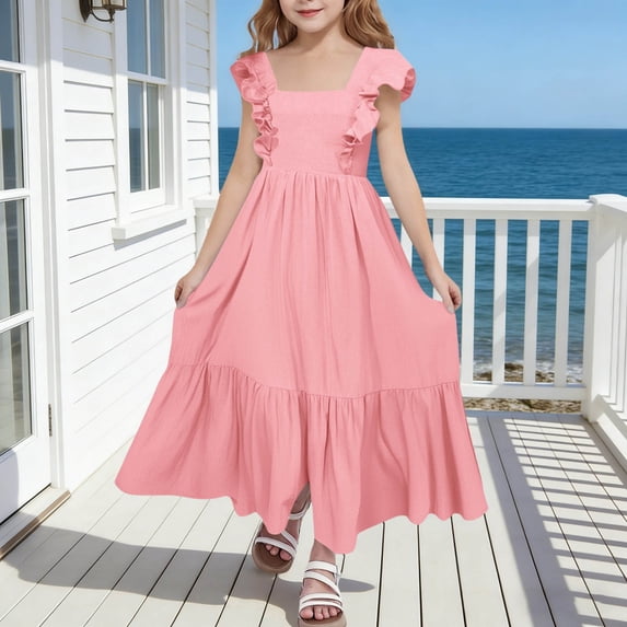 HAYIMI Child Girls Summer Dress Elegant Square Neck Sleeveless Backless Party Casual Fashionable Special Occasion Back To School Swing Flowy Kids Sundress