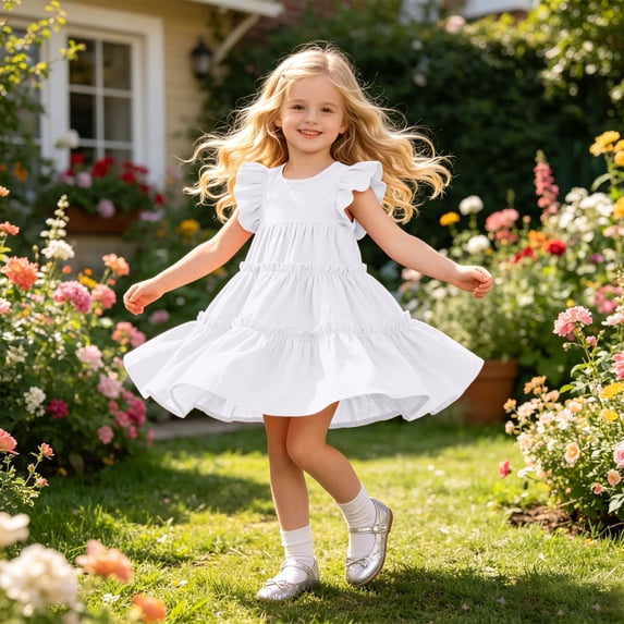 HAYIMI Child Girls Tiered Party Dress With Ruffle Sleeves And Pleated Design Beach Summer O-Neck Fashionable Dresses