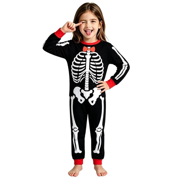 HAYIMI Child Halloween Skeleton Print For Girls O-Neck Long Sleeve Tops And Pants Cozy Nightwear Ensemble For Halloween And Sleepovers Soft Homewear