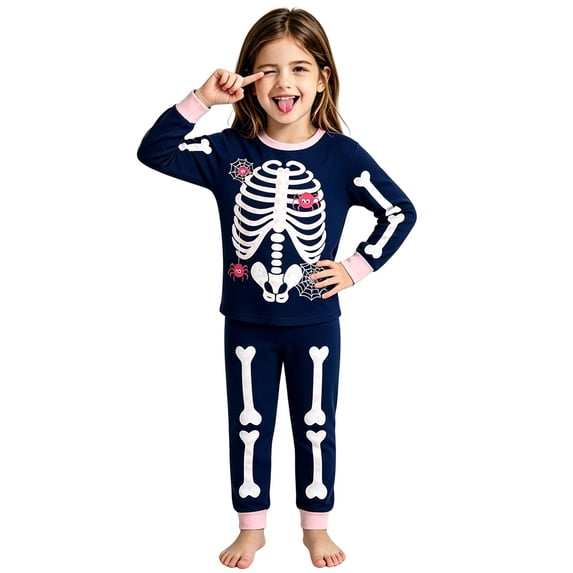 HAYIMI Child Halloween Skeleton Print O-Neck Long Sleeve Tops And Pants Sleep For Girls Cozy Homewear With Design For Nighttime Comfort Relaxed Fit Nightwear