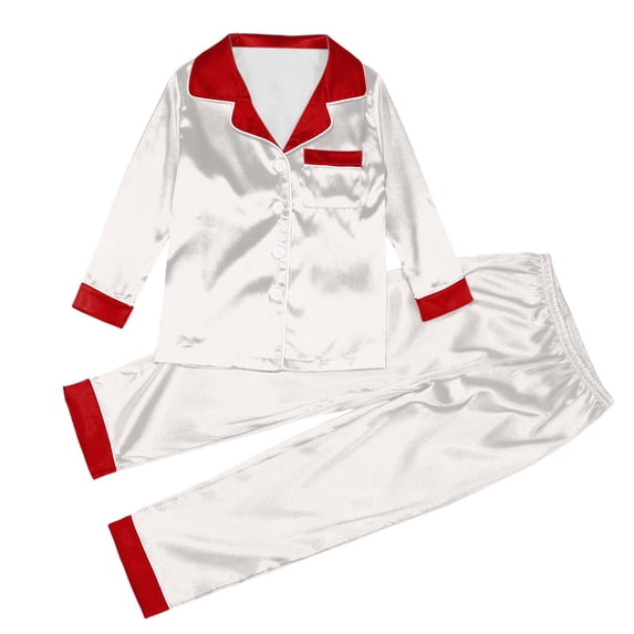 HAYIMI Child Kids 2 Piece Satin Pajama Set Long Sleeve Button Down Shirt and Pants with Red Contrast Collar & Chest Pocket Sleepwear Relaxed Fit Nightwear