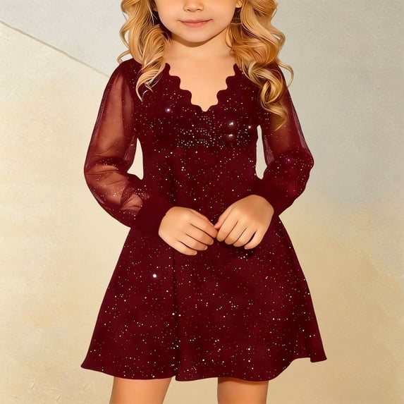 HAYIMI Child Kids Girl's Puff Long Sleeve Mesh Casual High Waist A-Line Mini Dress O-Neck Formal Party Dresses Boho Special Occasion Back To School Swing Flowy Sundress