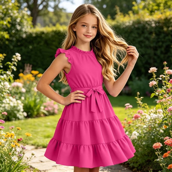 HAYIMI Child Kids Girls Fly Sleeve Ruffles Dress Dance Party Dresses O-Neck Comfort Sundress