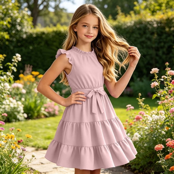 HAYIMI Child Kids Girls Fly Sleeve Ruffles Dress Dance Party Dresses O-Neck Fashionable Sundress