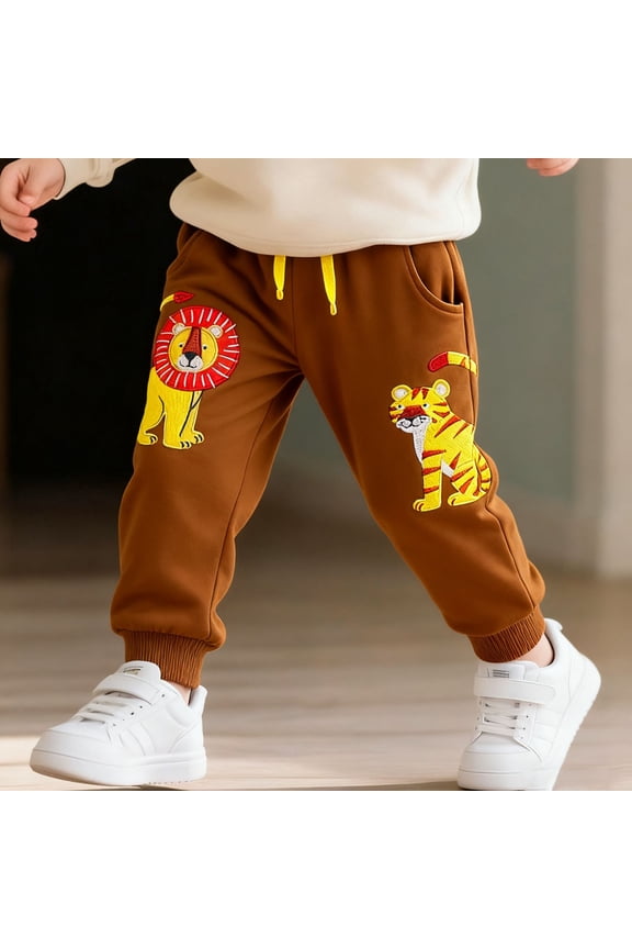 Child Pants Boys Casual Jogger Pants With Embroidery Design Spring Autumn Thermal Fuzzy Sportswear Toddlers Kids Playground Outdoor Wear Comfortable Cute Solid Color Daily Trousers Slacks