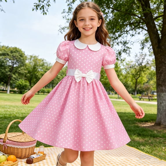 HAYIMI Child Polka Dot Summer Dress For Girls With Collar Short Sleeve Casual Party Wear Toddler Kids Floral Printed A-Line Dresses O-Neck Sweet Sundress
