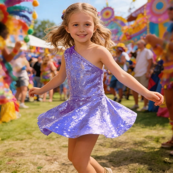 HAYIMI Child Shine Girls One Shoulder Party Dress Sleeveless Solid Color With Sequin Details For Birthday Special Occasion Back To School Swing Flowy Kids Sundress