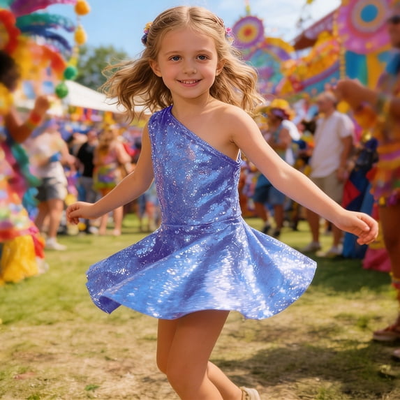HAYIMI Child Shine Girls One Shoulder Party Dress Sleeveless Solid Color With Sequin Details For Soft Special Occasion Back To School Swing Flowy Kids Sundress