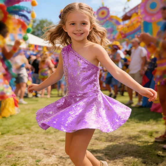 HAYIMI Child Shine Girls One Shoulder Party Dress Sleeveless Solid Color With Sequin Details For Trendy Special Occasion Back To School Swing Flowy Kids Sundress