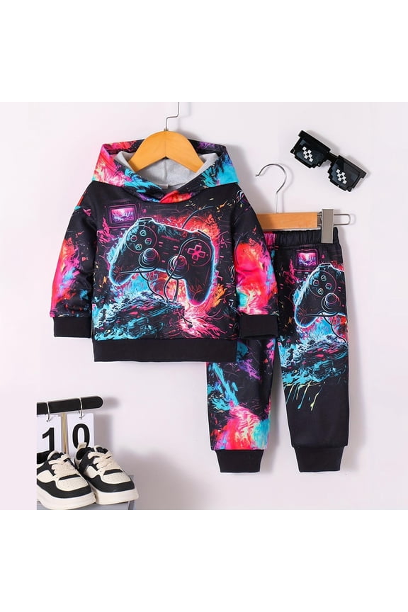 Child Soft Boys Outfit Sets Toddler Hooded Game Print Long Sleeve Tops And Pants Two Piece Set For Baby Kids Comfortable Playwear Birthday Clothes Sets