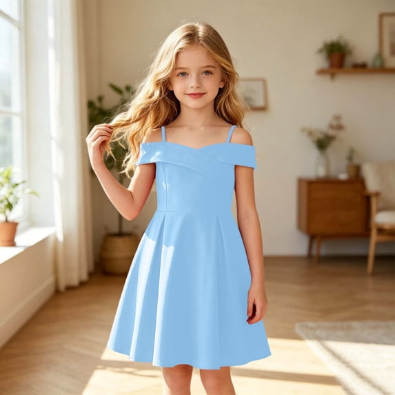 HAYIMI Child Solid Color Girls Dresses Party Off Shoulder Strapless Waist Cute A-Line Banquet Formal Gown For Tweens Birthday Sundress