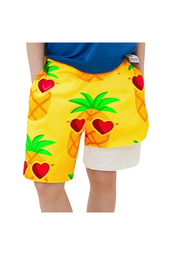 Child Summer Boys High Waist Elastic Drawstring Pineapple Print Double Layer Loose Casual Shorts Classic Kids Bottoms