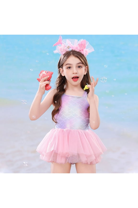 Child Summer Cartoon Swimwear For Girls Swimsuit With Sparkly Fish Scale Design Two Piece Tankini Top And Flowy Skirt Leisure Kids Beach Bathing Suit
