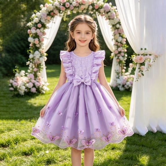 HAYIMI Child Summer Girls Dress With Mesh Floral Lace Trim Sleeveless Party Style For Warm Weather O-Neck Fashionable Dresses