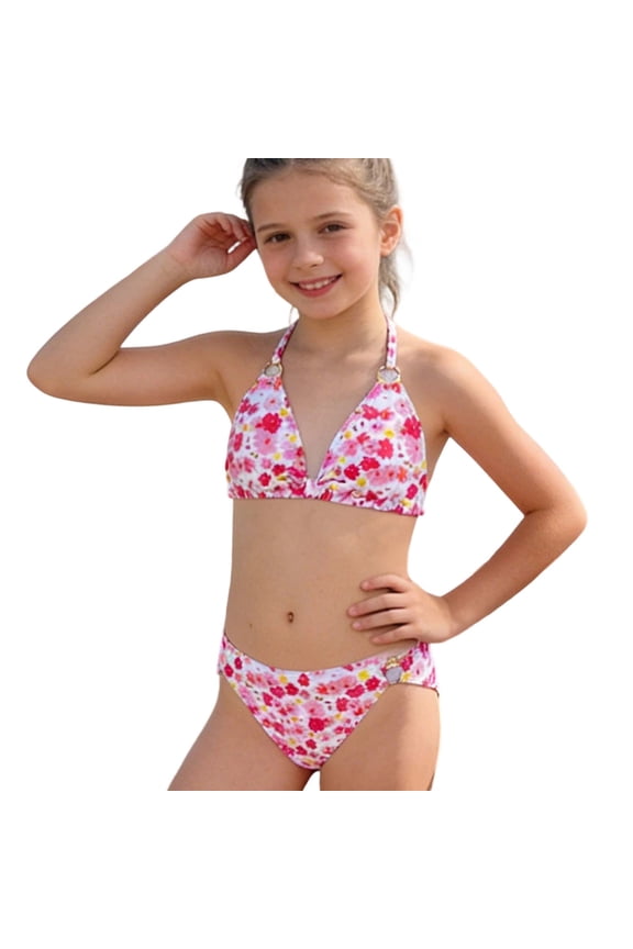 Child Summer Girls Floral Bikini Two Piece Swimsuit Neck Tri Top And Bottom Swimwear For Toddler Youth Cozy Kids Beach Bathing Suit
