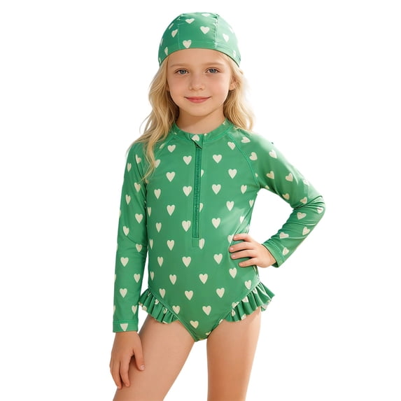 HAYIMI Child Summer Girls Sun Swimwear With Heart Prints Rash Guard Long Sleeve Bathing For Toddler Kids Beach Pool Cute Fashion Bathing Suit