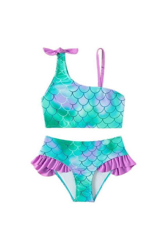 Child Swimwear 2026 New Girls Olique Shoulder Fish Scale Print Bikini Set Girls Split Swimsuit Fashionable Summer Kids Beach Bathing Suit