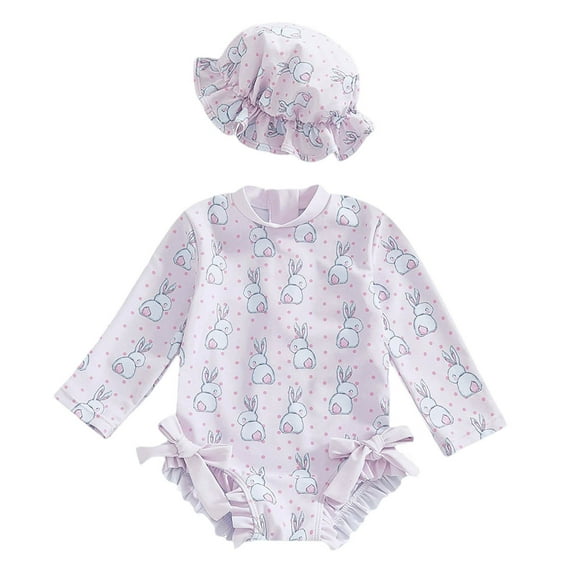 HAYIMI Child Swimwear Baby Girls Swimsuit Solid Color Bowknot Long Sleeve Swimsuit Romper With Hat Bathing Suit Beach Rash Guard Stylish Summer Kids Swim Wear