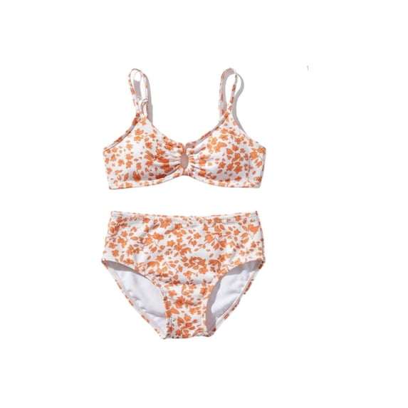 HAYIMI Child Swimwear Floral Print Girls Bikini Swimsuit Two Piece Cute Ruffle Trim Tankini For Toddler Kids Beach Pool Party Trendy Summer Bathing Suit