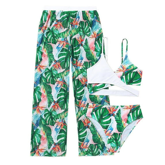 HAYIMI Child Swimwear Girls Floral Print Two Piece Swimsuit Students Three Piece Pant Swimsuit Trendy Summer Kids Beach Bathing Suit