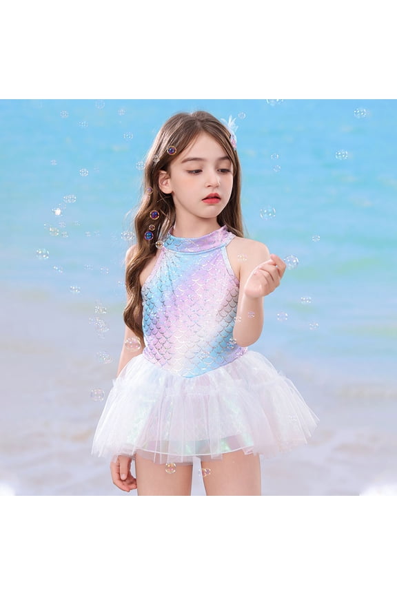 Child Swimwear Girls Tail Swimsuit Fish Scale Design Two Piece Bathing With Removable Skirt For Toddler Kids Beach Pool Party Holiday Summer Bathing Suit