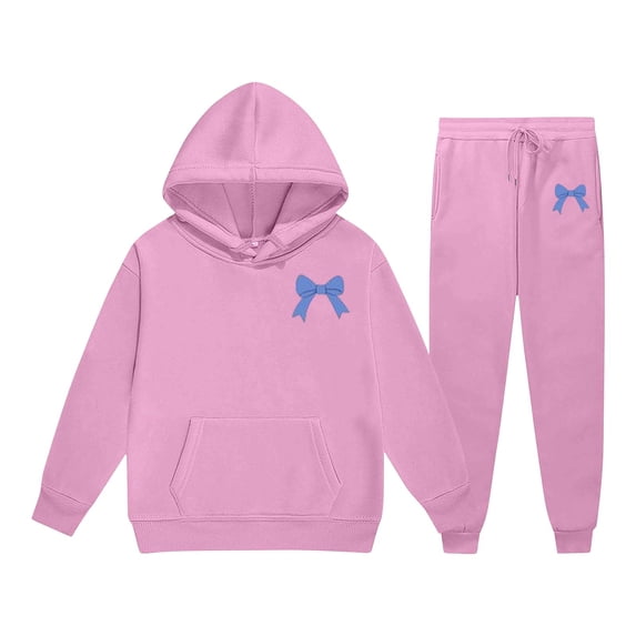 HAYIMI Children Fall Hoodie Pants Set, Bowknot Print Long Sleeve Hooded Tops With Jogger Trousers Daily Outfit Sets Versatile Clothes Sets