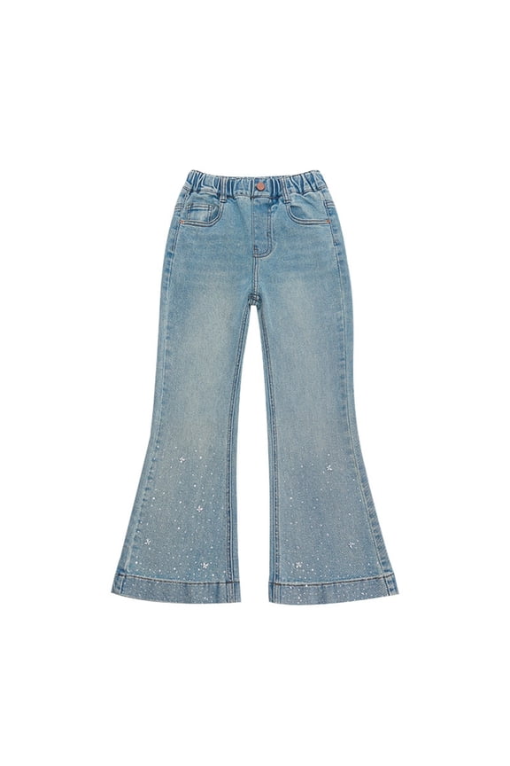 Children Girls Fashion Denim Pants Blue With Rhinestone Details Flared Bottom Legging For Teen Youth Casual Wear Soft Solid Color Trousers
