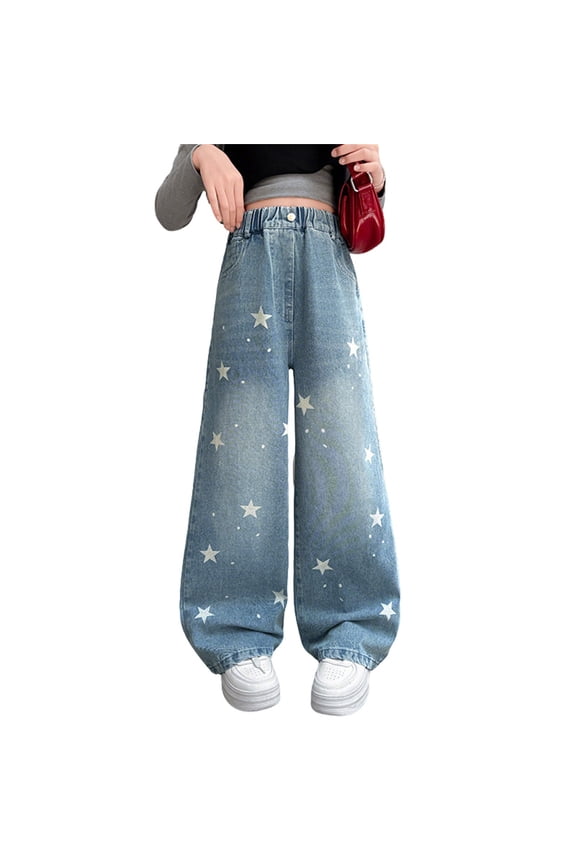 Children Girls Straight Leg Denim Pants Blue With Star Print Loose Fit Comfortable Casual Trousers For Teen Youth Easy Everyday Wear Relaxed Fit Slacks
