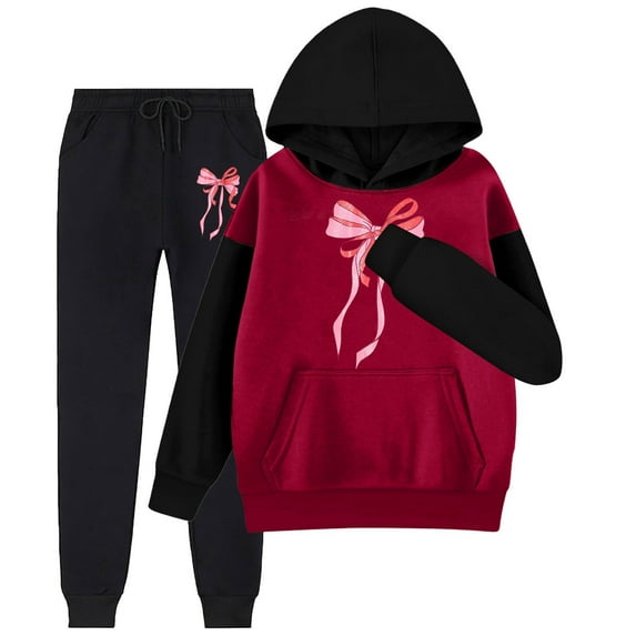 HAYIMI Children Long Sleeve Outfit Sets Sweatshirt Tops Hoodie Trousers Pants Sets Casual Color Matching Bow Pantsuit Summer Lightweight Clothes Sets Versatile for Play