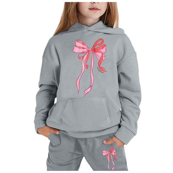 HAYIMI Children Long Sleeve Outfit Sets Sweatshirt Tops Hoodie Trousers Pants Sets Casual Hooded Printed Trouser Suit With Bowknot Versatile Summer Solid Color Clothes Sets for Kids
