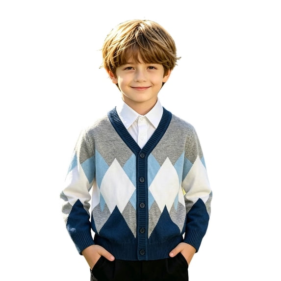 HAYIMI Classic Knit Patchwork Cardigan For Boys Soft Double Layer Blend Sweater With Knitwear Long Sleeve V-Neck Tops