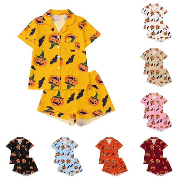 HAYIMI Comfortable Kids Halloween Print Sleepwear Short Sleeve Button Lapel Blouse Tops And Shorts For Girls Cozy Loungewear Home Pajama Sets, 4-5 Years