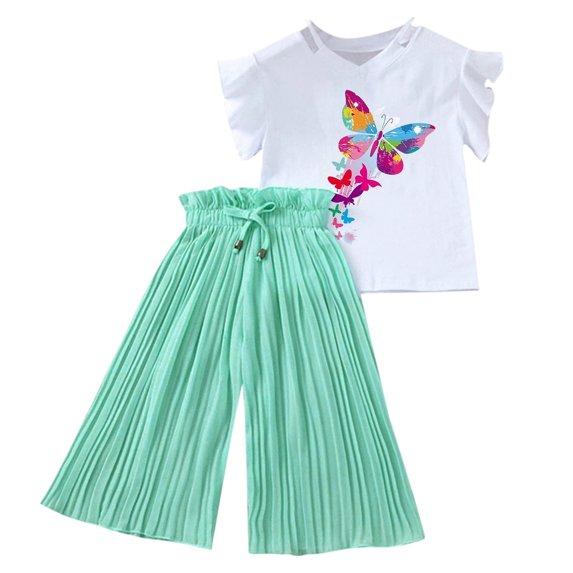 HAYIMI Girls 2‑Piece Summer Outfit Sets, Butterfly Print Ruffle Short Sleeve Tops With Pleated High Waist Wide Leg Pants Set for Little Girls Cozy Clothes Sets