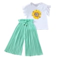 thumbnail image 1 of HAYIMI Girls 2‑Piece Summer Outfit Sets, Sunflower Print Ruffle Short Sleeve Tops With Pleated High Waist Wide Leg Pants Set for Little Girls Leisure Clothes Sets, 1 of 4