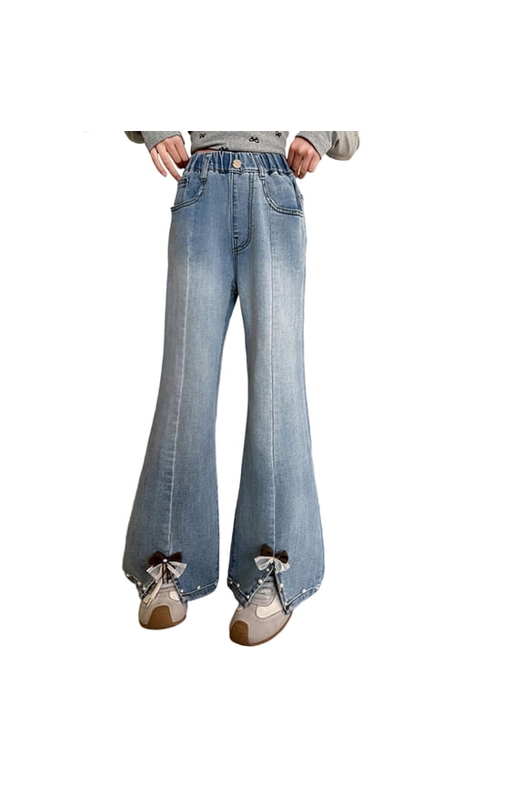 Girls Autumn Denim Pants Blue For Children Girls Flared Denim Pants Blue With And Bowknots Holiday Solid Color Trousers